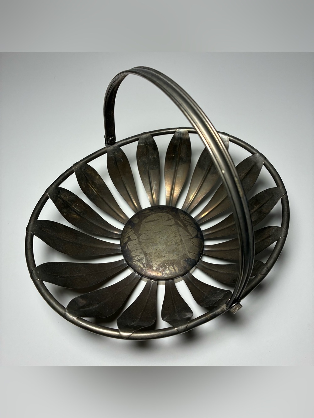 Vintage Silver Tone Metal Table Storage Basket W/ Handle
